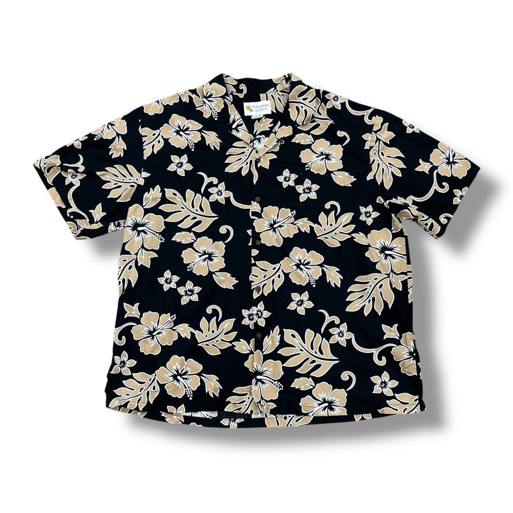 Alohawears Men’s Size 2X Black Tropical Floral Hawaiian Shirt Made in Hawaii USA